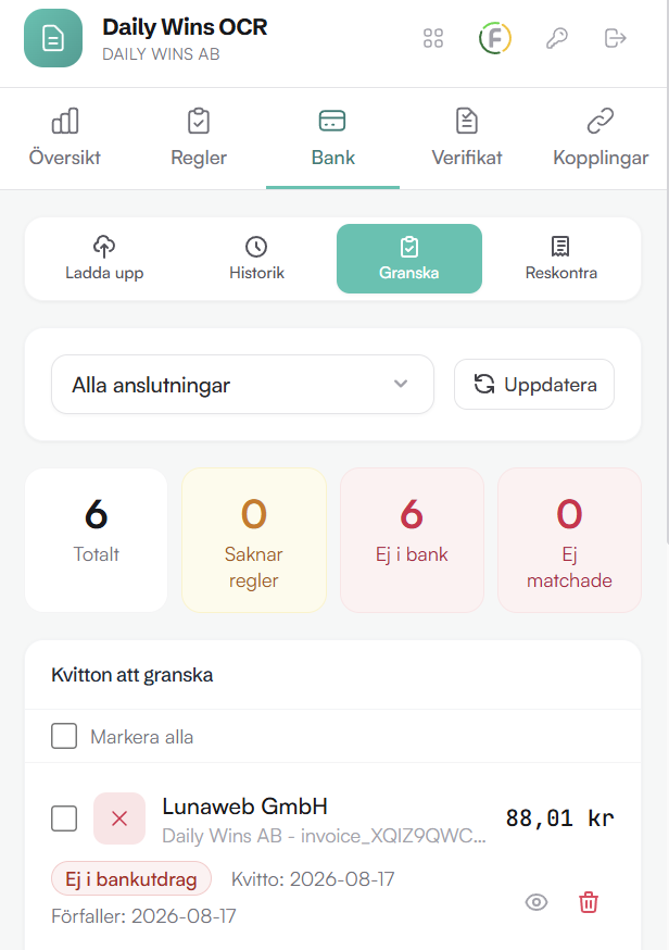 Granskningsvyn med kvitton som saknar regler eller inte finns i bankutdraget