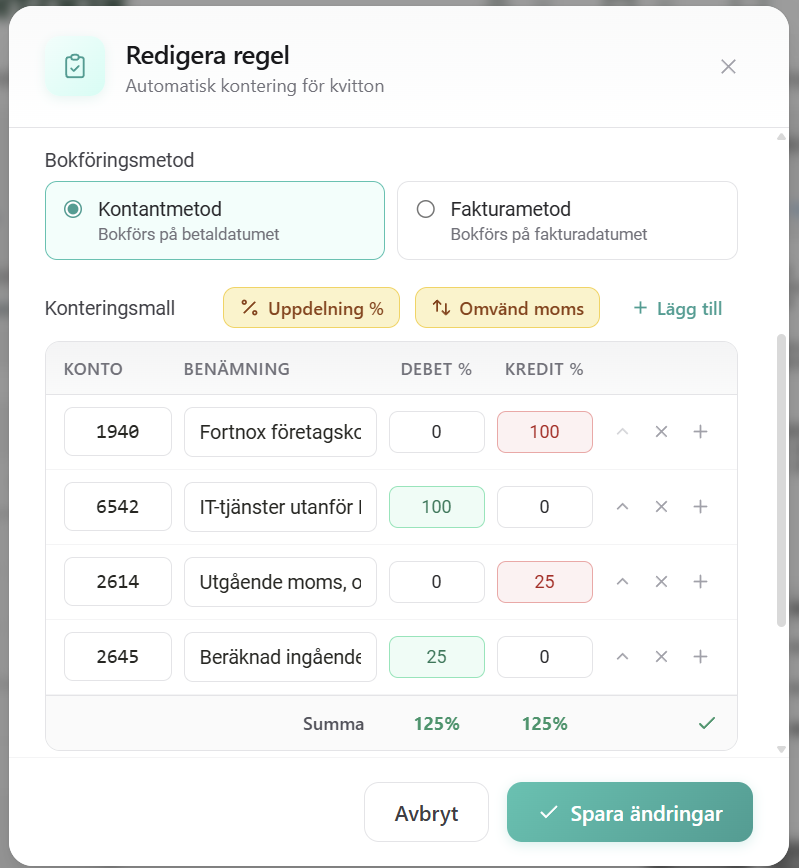 Dialogen Redigera regel med konteringsmall, kontantmetod, procentuell uppdelning och omvänd moms