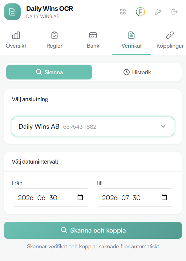 Vyn Verifikat i Bokföringsassistenten där du väljer anslutning och datumintervall och kör Skanna och koppla
