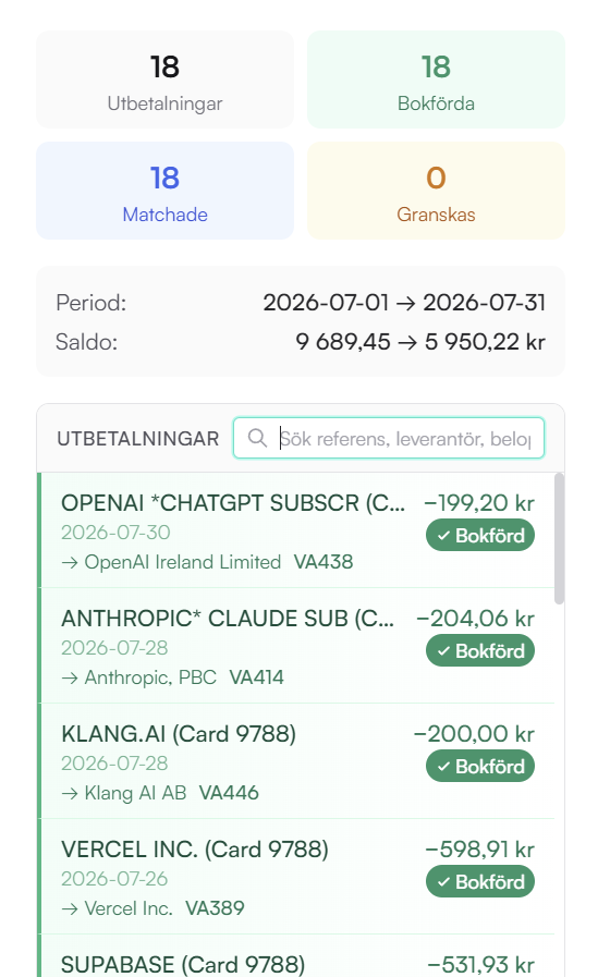 Vyn Matcha och bokför med 18 utbetalningar, 18 matchade och 18 bokförda transaktioner