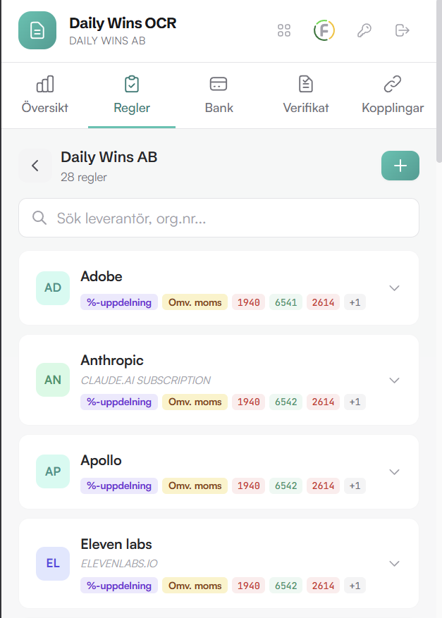 Regellistan med bokföringsregler per leverantör, bland annat Adobe, Anthropic, Apollo och Eleven Labs
